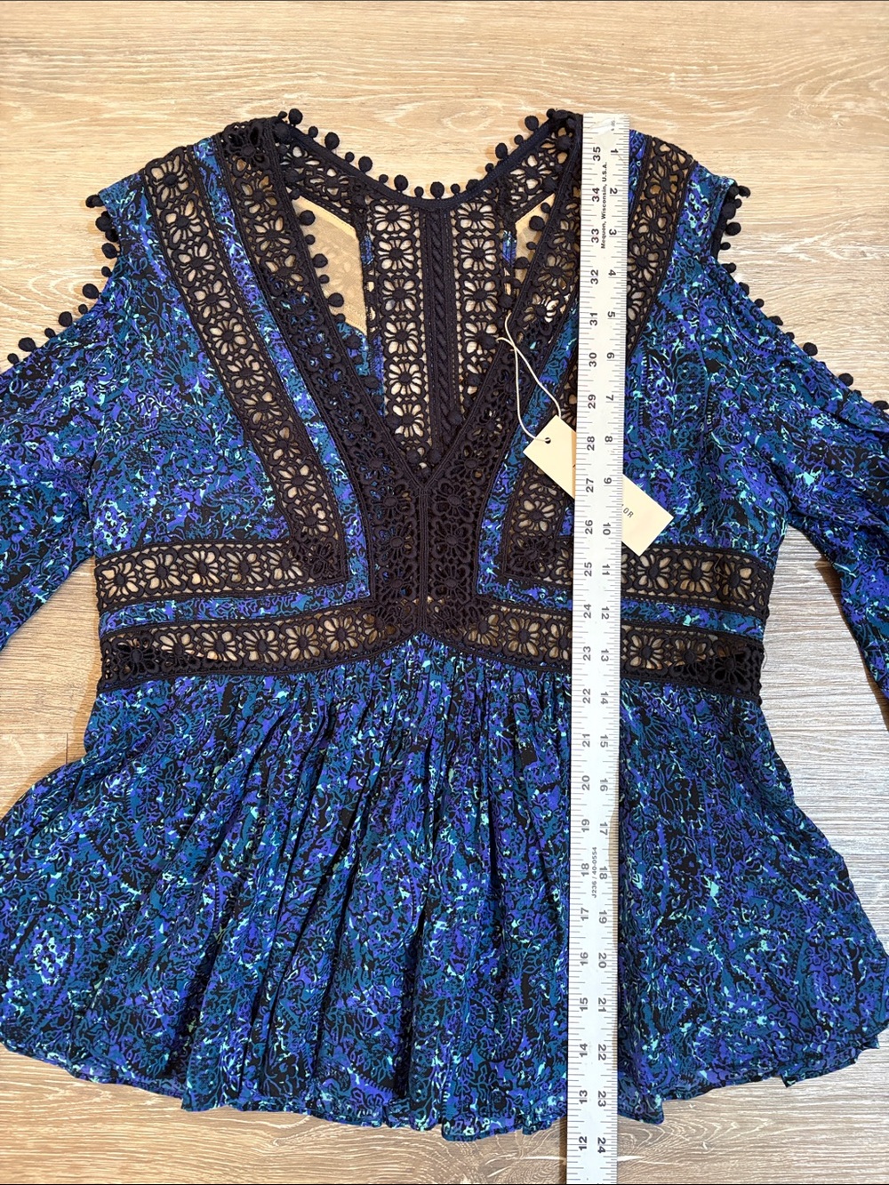 NWT Rebecca Taylor Blue Floral Printed Black Crochet Lace-Pom PomTrim 100% Silk - Picture 7 of 13